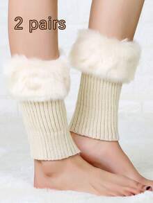 1/2 Pairs Of Women's Contrast Fluffy Trim Leg Warmers, Ankle Protection,Small Size Deviation, The Hairy Part Is Easy To Fall Off,Warm Plush Knitted Leg Warmer, JK Cute College Style, Suitable For Autumn And Winter Wear. Cozy - Multicolor - View 19