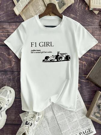 Women's Casual Retro Cool Girl F1 Racing Printed Round Neck Short Sleeved T-Shirt, Daily White T-Shirt