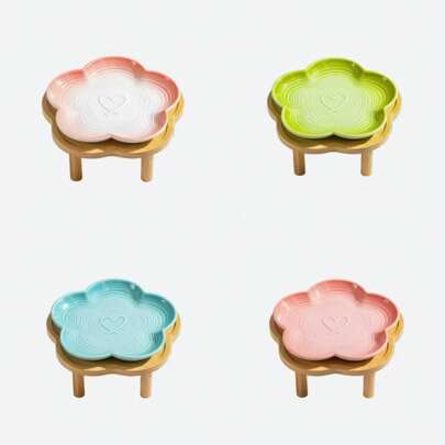 Keramik-Farbverlauf Pflaumenblüten-Design Tierschale mit erhöhtem Holzständer in Pflaumenblüten-Optik, rutschfeste Futter-/Wasserschüssel für Haustiere
