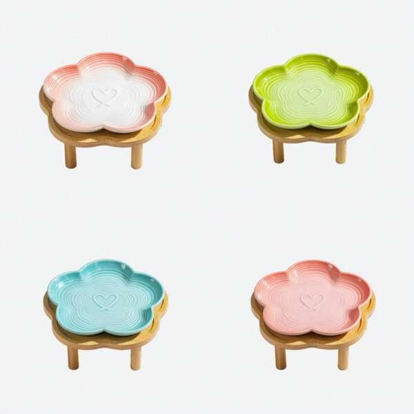 Ceramic Gradient Plum Blossom Designed Pet Bowl With Plum Blossom Raised Wood Stand, Anti-Slip Pet Food/Water Dish