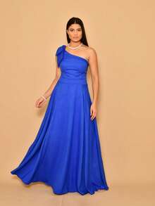 Helena Long Dress Luxury Plain Duna Linen With Bow One Shoulder - 寶藍色 - 查看 1