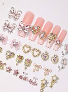 24 Nail Accessories, Y2k Alloy Nail Art Rhinestone Accessories, 3D Heart-Shaped Star Bow Rhinestone Cherry Nail, Gemstone Shiny Jewelry, Nail Decoration Accessories And Supplies