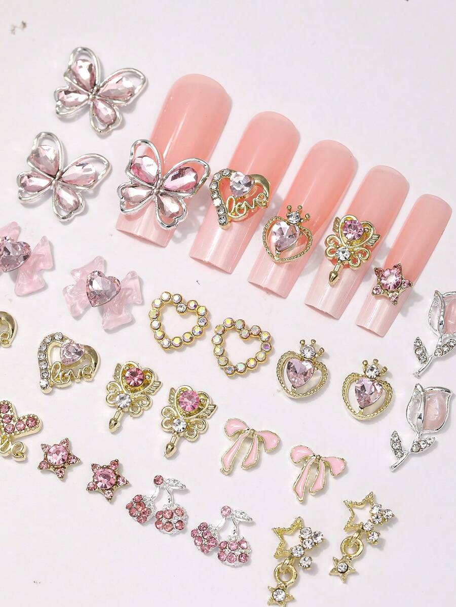 24 款美甲配件、Y2k 合金美甲水钻配件、3D 心形星形蝴蝶结水钻樱桃美甲、宝石闪亮珠宝、美甲装饰配件及用品 - 彩色 - 查看 1