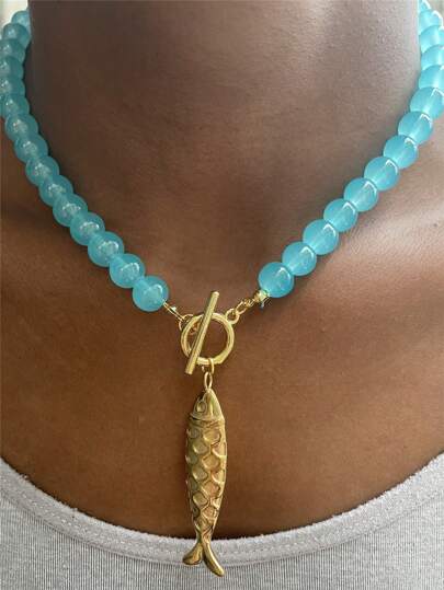 Stainless Steel Fish & Starfish Pendant Necklace, Beaded Vacation Style Necklace