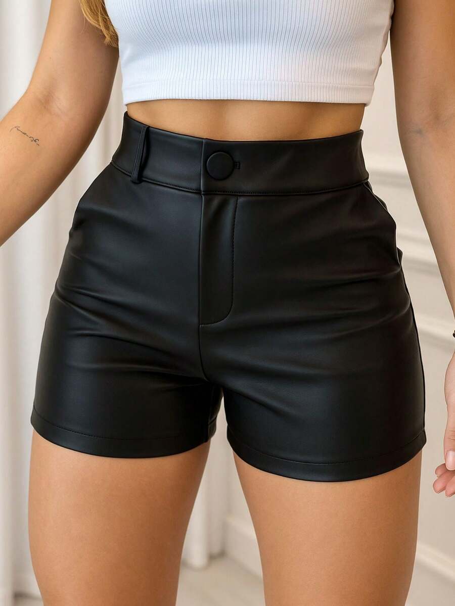 Women's Leather Shorts High Waist With Side Pockets Elegant Fashion