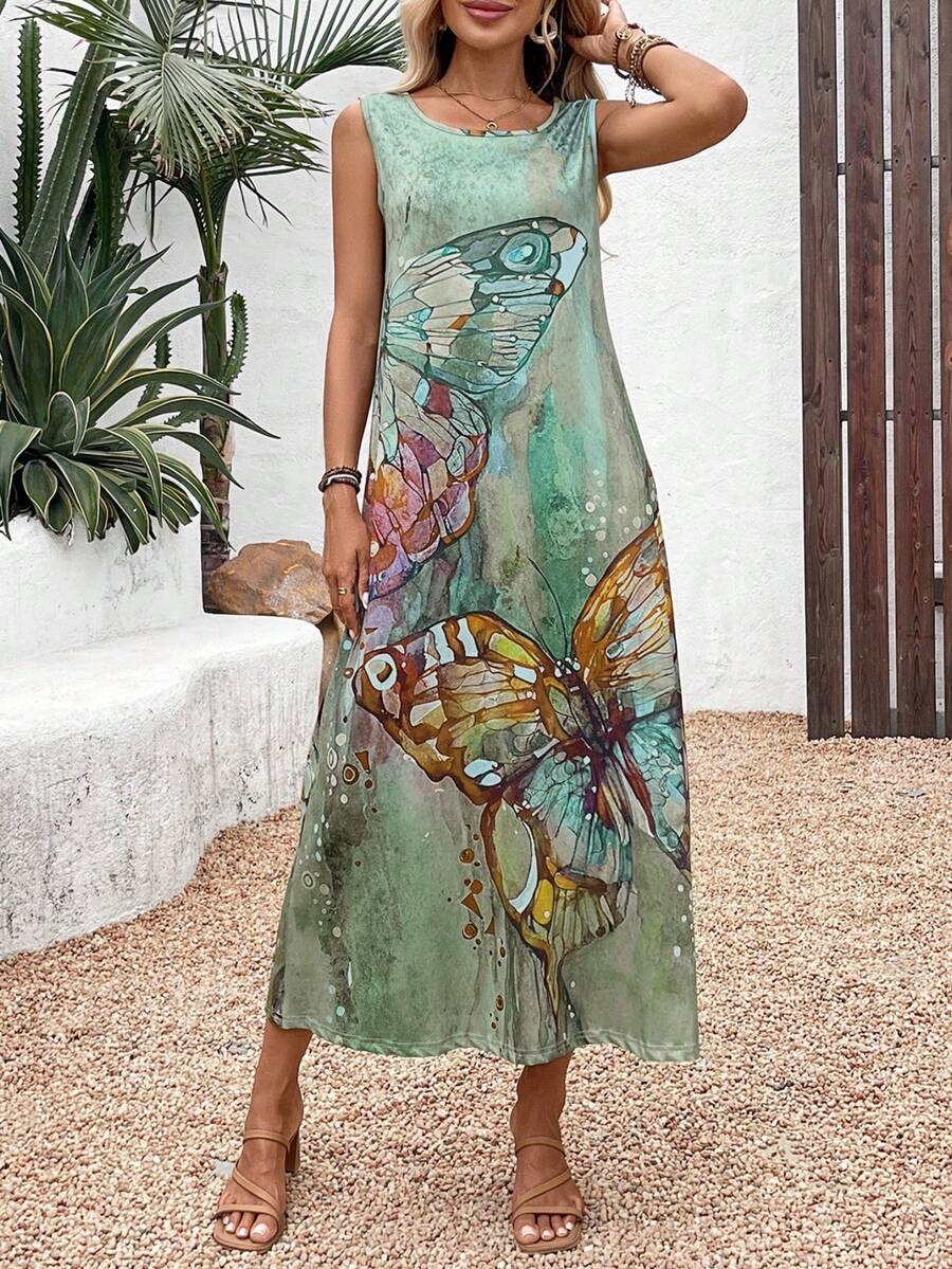 Women's Round Neck Butterfly Printed Sleeveless Dress, Spring/Summer - Green - View 1
