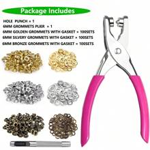 Mix Colors Of Golden/Silvery/Bronze 1/4" 6mm (Inner Diameter)Grommet Tool Kit With Pink Handle Plier And Metal Eyelets With Washers And Punch Tool, Fabric Leather Hole Eyelets And Grommets Punch Pliers, DIY Tarp Hole Punch Rivet Press Pliers, Portable Eyelet Grommet Hand Press Kit For Leather/Belt/Cloths