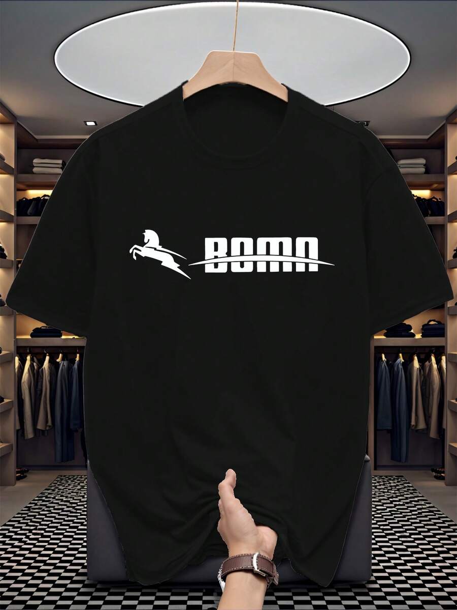 Men's Minimalist Horse Print Crew Neck Short Sleeve Sports T-Shirt, Gym - Black - View 1