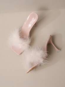 Women's Fluffy Feather-Like Open Toe High Heel Sandals, Outdoor Fashionable Casual Mule Stiletto Flower-Shaped Heels, Solid Color High Heel Sandals, Perfect Choice For Spring/Summer Outings - Pink - View 5