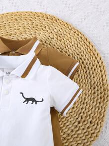 2 piezas Conjunto de pelele de manga corta con cuello tipo polo y estampado de dinosaurios para niños pequeños, para verano