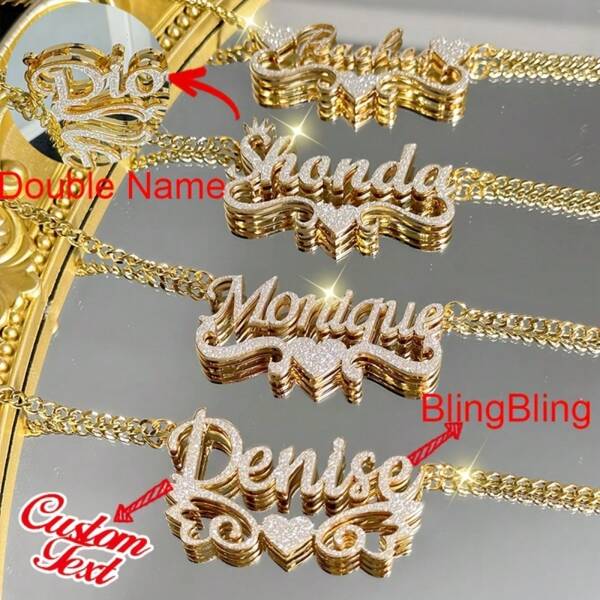 Colar personalizado com nome brilhante de camada dupla - Pingente de coração 3D de aço inoxidável com strass, joia personalizada com letras foscas para presente para ela, mãe, aniversário, dia das mães, acessórios de casamento | Colar banhado a ouro