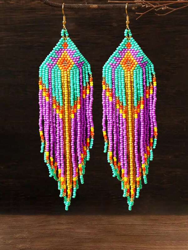 Bohemian Vintage Beaded Totem Tassel Earrings,Handmade Bead Dangle Earrings, Iron Ear Needle, No Plating, Perfect For Daily Wear And Gift-Giving,Mother's Day,Back To School Season,Holiday Gifts