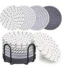 8pcs Woven Drink Coasters, Round Absorbent Beverage Cup Mats, Handmade Fabric Coasters, Absorbent Coaster Set With Tray, Bohemian Stvle
