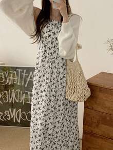 Summer Ditsy Floral Loose Strap Casual Dress, Flattering