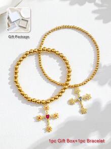 1pc Custom Birthstone Bracelet, Gold Cross Pendant Bracelet For Women, Suitable As Birthday Gift, Graduation Gift, Friendship Token, Thanksgiving Gift, Anniversary Gift