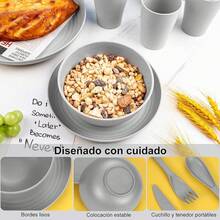 Juego de vajilla de 44 piezas, juego de vajilla de paja de trigo, vajilla reutilizable de fibra irrompible para 4 personas, libre de BPA, apto para lavavajillas y microondas (gris claro) - Gris Claro - Ver 7