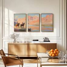 3pcs Cowboy 3 PiecesWall Art, Western Oil Painting Set Of Three Prints, Desert Landscape, Rodeo Horseback Riding Equestrian Decor