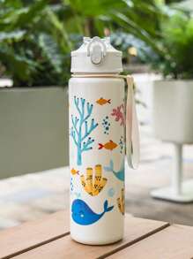 1pc, 750ml/23OZ Plastic Water Bottle With Straw & Rope, Portable, Multiple Designs, Suitable For Outdoor Sports, Cycling, Travel, Camping, Holiday Gifts, Etc.