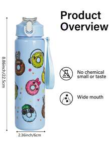 1pc 700ml/23oz Cartoon Donut Pattern Plastic Water Bottle, Children Plastic Water Cup With Lid, Lockable Design, Lanyard, Portable For School, Outdoor Sports, Camping, Picnic