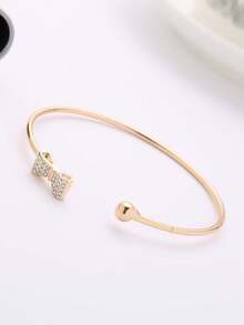 1pc Fashionable Fully Rhinestoned Bow-Knot & Heart Shaped Adjustable Bangle Bracelet