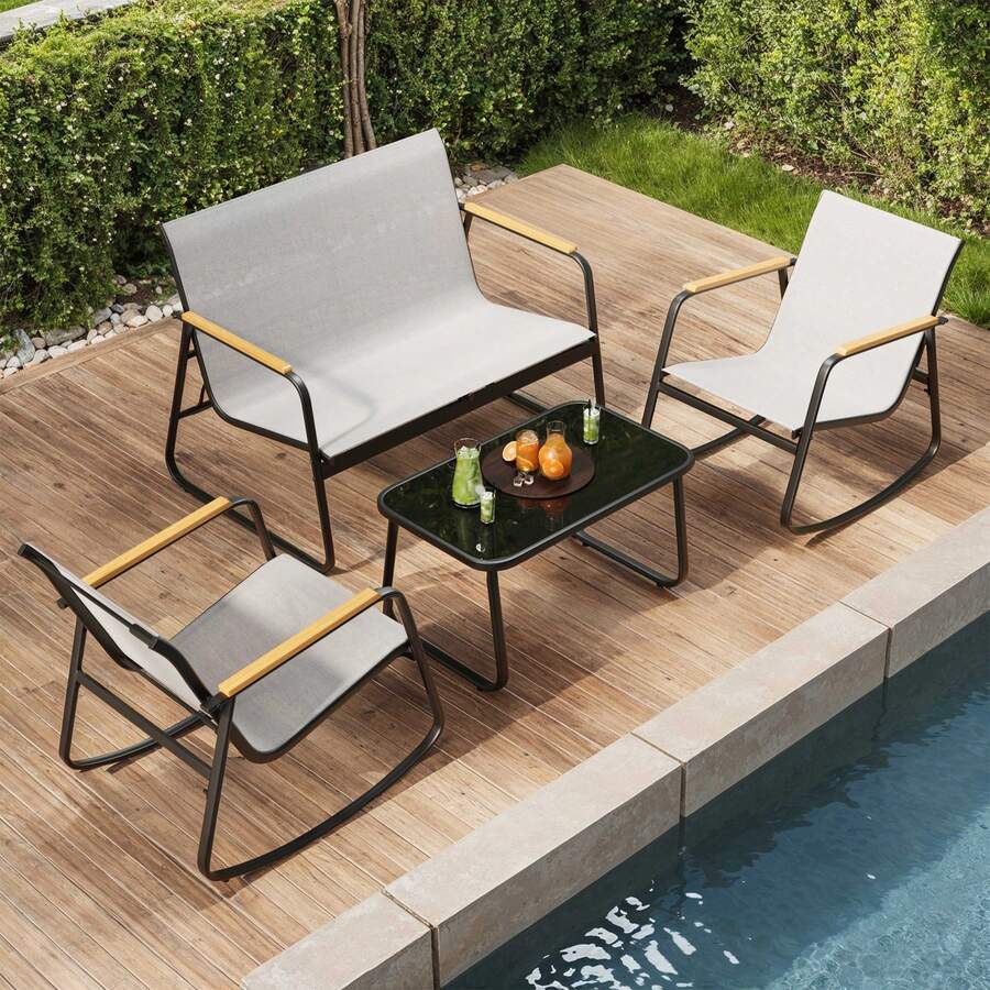 Asofer 4-Piece Outdoor Patio Furniture Set, All Weather-Resistant Textile Fabric Outdoor Conversation Set With Coffee Table, Patio Rocking Chairs For Lawn, Balcony, Poolside,Outdoor Furniture - 灰色 - 查看 1