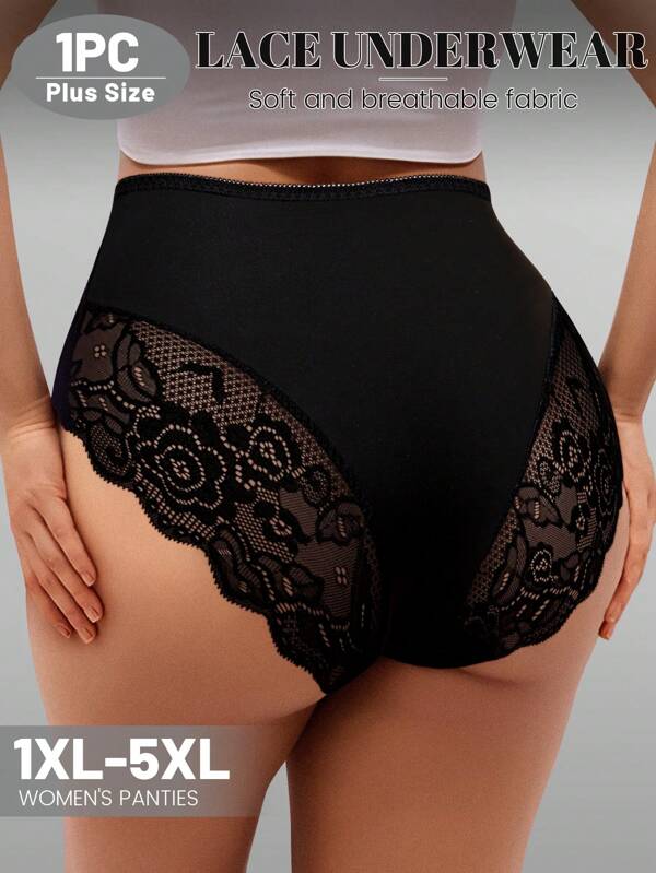 MIOTAN 1pc Women Plus Size Lace Patchwork High Waist Soft Breathable Patterned Brief Panty