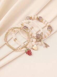 4 pièces/set Bracelet multicouche avec pendentifs en forme de feuilles de cerisier, fraises et franges en perles de verre de style bohème, convient pour les femmes au quotidien, la plage, les vacances, la remise des diplômes, en cadeau