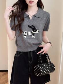 Rikumo Women's Funny Animal Print Turndown Collar Short Sleeve T-Shirt, Summer