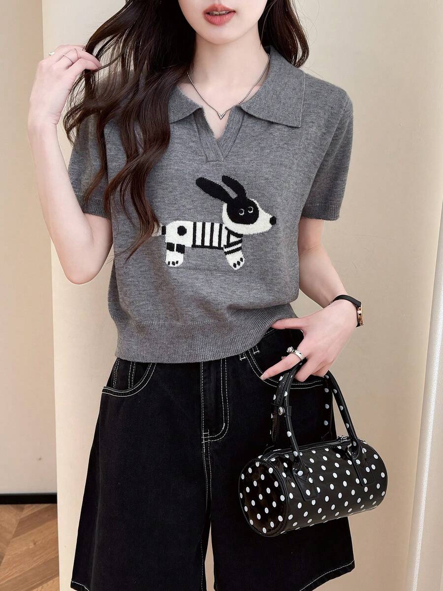 Rikumo Women's Funny Animal Print Turndown Collar Short Sleeve T-Shirt, Summer