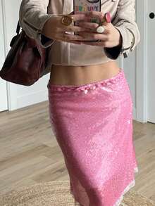 Women's Summer Skirts Sequins Lace Trim Elastic Waist See Through Short Pencil Skirts - 粉色 - 查看 6