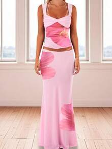 Women Two Piece Maxi Skirt Sets Y2k Sleeveless Crop Cami Top Ruffle Tiered Flowy Long Skirt Vacation Beach Outfits - 彩色 - 查看 1