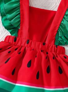 Set de 2 piezas vestimenta de verano para bebés niñas con mono informal y gorro con estampado de sandía