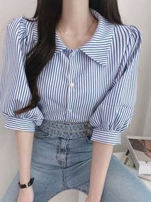 Las mujeres de la vendimia de cinco cuartos de manga camisa a rayas camisa de verano versátil cinco camisa de manga corta - Azul - Ver 5