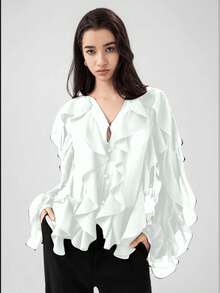HZXVIC Women's New Autumn French Style Multi-Layer Ruffle Sheer V-Neck Drape Long Sleeve Blouse - White - View 3