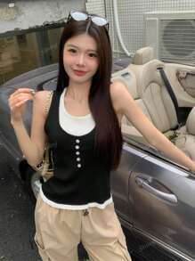 Contrast Color 2 In 1 Camisole Vest Women, Casual Versatile Sleeveless Knit Top For Summer