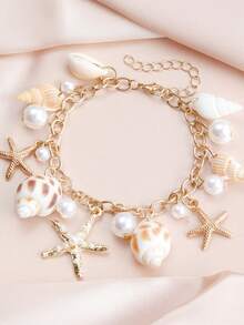 1 件女士时尚锌合金金金属链珍珠、海星、贝壳吊坠手链，简约风格，百搭配饰，适合夏季日常佩戴 - 金黃色 - 查看 2