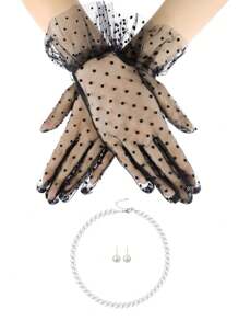 Conjunto de 3 piezas D EXCEED Elegante traje de fiesta de té estilo años 50 vintage para mujer con guantes de encaje y accesorios de perlas falsas | Atuendo para boda, fiesta de disfraces | Disfraz de Halloween, regalo para baile de graduación para mujeres