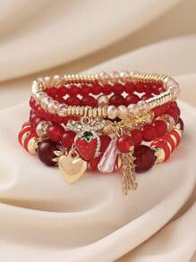 4 pièces/set Bracelet multicouche avec pendentifs en forme de feuilles de cerisier, fraises et franges en perles de verre de style bohème, convient pour les femmes au quotidien, la plage, les vacances, la remise des diplômes, en cadeau