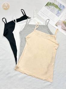 4 Piece Set Women's Solid Color Sleeveless Decorative Crew Neck Camisoles