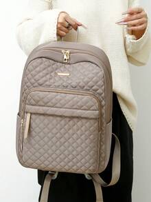 Women Nylon Solid Color Quilted Large Capacity Backpack, Versatile Casual School Student Travel Commuter Bag - Khaki - View 3