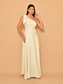 Helena Long Dress Luxury Plain Duna Linen With Bow One Shoulder - Màu be - Xem 4