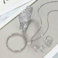 7pcs Women's Watches Fashion Digital Scale Dial Rhinestone Quartz Watch Round Hands Women's Watches & Jewelry Accessories Rhinestone Necklace Bracelet Earrings Ring Set Party Wedding Gift Beach Vacation Valentine Gift