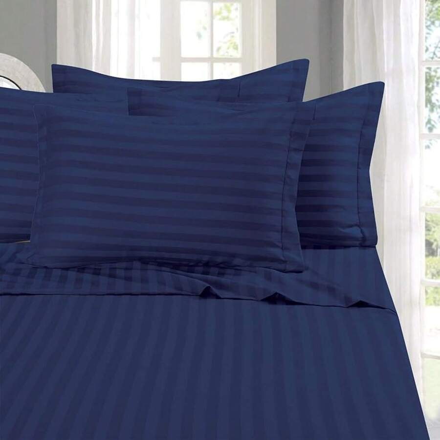 Elegant Comfort, Softest, Coziest 6-Piece Sheet Sets! 1500 Hotel Quality Luxurious Wrinkle Resistant Damask Stripe Bed Sheet Set, Black - Bedding 2025 - 藏蓝色 - 查看 1