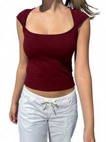 Vintage Cap Sleeve Crop Tops Women Casual Square Collar Basic Baby Tees Teen Girl Y2k Aesthetic T-Shirt Fairy Cute Clothes - 紅色 - 查看 3