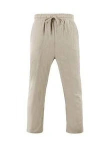 Men's Summer Thin Collar Open Front Short Shirt & Linen Casual Beach Pants Suit, Cozy Outfits - Khaki - View 5