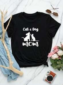 Camiseta divertida de mamá de gato y perro para mujer - Camiseta divertida para amantes de mascotas - Bonita camiseta gráfica de animal - Top de manga corta - Elegante camiseta de gato y perro negro - Regalo del Día de la Madre - Negro - Ver 1