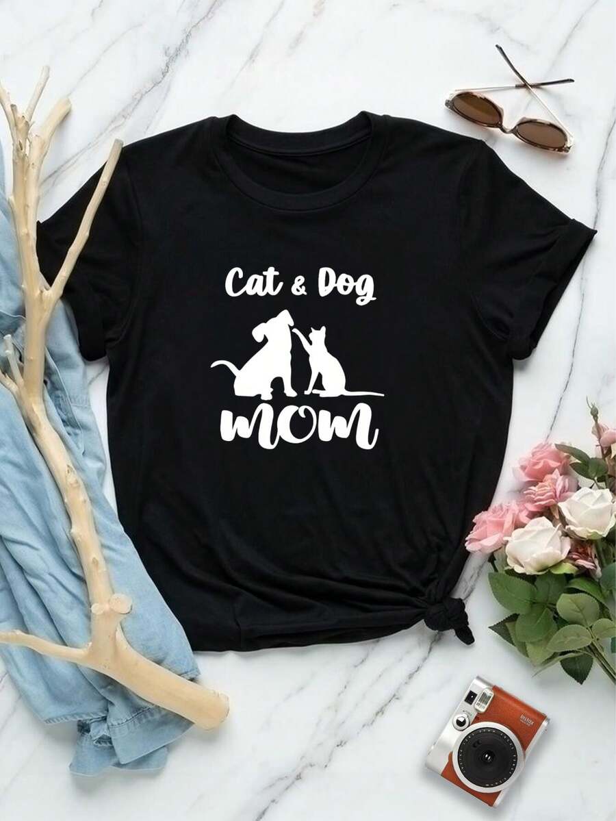 Camiseta divertida de mamá de gato y perro para mujer - Camiseta divertida para amantes de mascotas - Bonita camiseta gráfica de animal - Top de manga corta - Elegante camiseta de gato y perro negro - Regalo del Día de la Madre - Negro - Ver 1