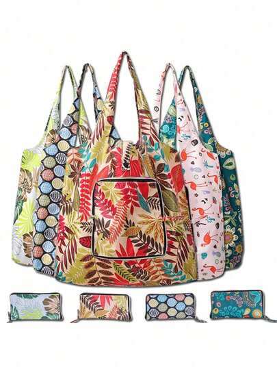 1pc Reusable Polyester Shopping Handbag With Floral Print, Grocery Shopping Bags, Large Capacity Foldable Shoulder Tote Bag, For Shopping, Office, Travel, Organization And Storage