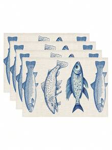 1pc Ocean Theme Printed Table Runner, 4/6/8pcs Ocean Printed Placemats, Suitable For Holidays, Parties, Birthdays, Dinners, Kitchen & Dining Room Decor, Year-Round Home Decoration, Table Linens - Blue and White - View 18