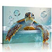 [Funny Sea Turtle Art] Funny Sea Turtle Bathroom Wall Art Canvas Painting Ocean Animal Pictures Ready To Hang